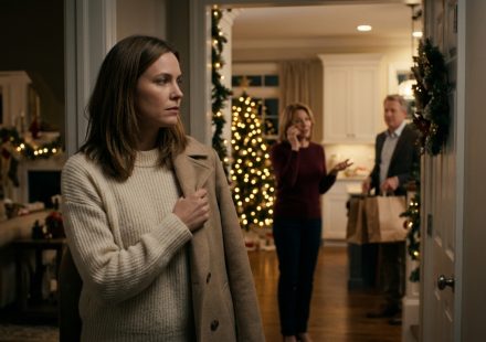 A disappointed woman stands in a Christmas-decorated hallway, overhearing her mother discuss holiday childcare on the phone while her father unloads groceries in the kitchen.