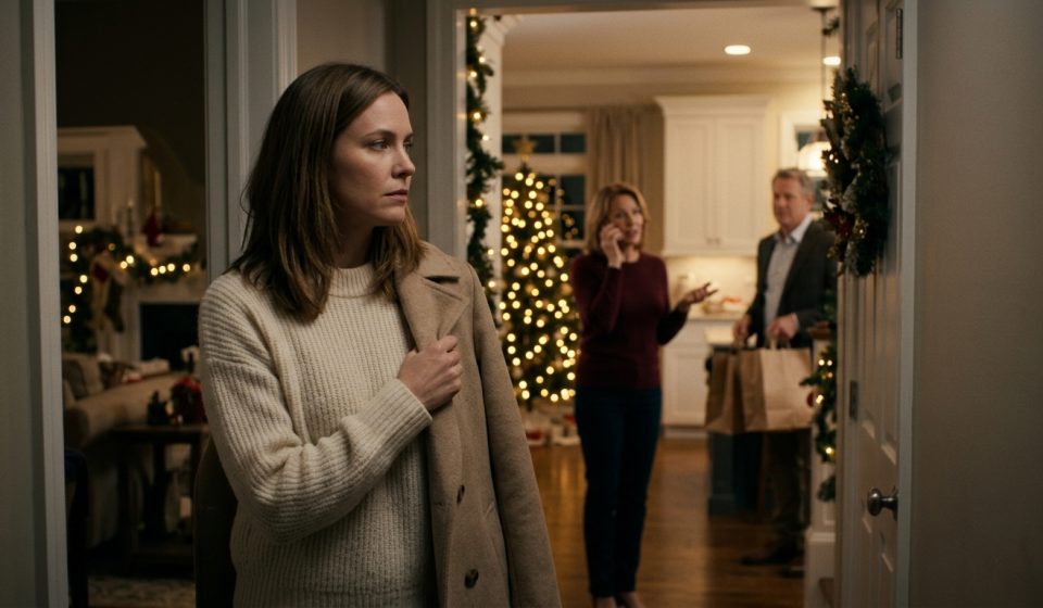 A disappointed woman stands in a Christmas-decorated hallway, overhearing her mother discuss holiday childcare on the phone while her father unloads groceries in the kitchen.
