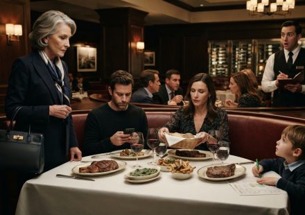 Mother standing without a seat at an upscale family dinner while her son and daughter-in-law eat expensive steaks