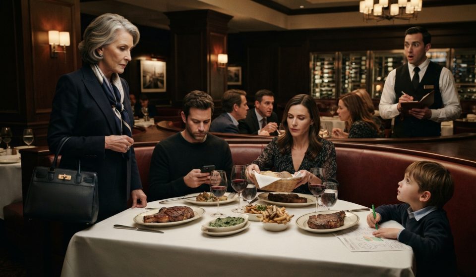 Mother standing without a seat at an upscale family dinner while her son and daughter-in-law eat expensive steaks