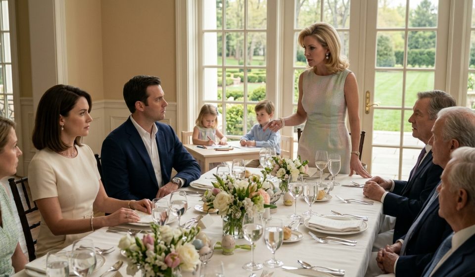 A mother remains composed while her sister-in-law publicly criticizes her children during an elegant Easter family brunch, as relatives watch in discomfort.