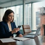 A corporate lawyer looks shocked at a real estate listing on her smartphone during a meeting at a Chicago law firm, with colleagues seated nearby.