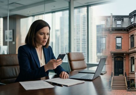 A corporate lawyer looks shocked at a real estate listing on her smartphone during a meeting at a Chicago law firm, with colleagues seated nearby.