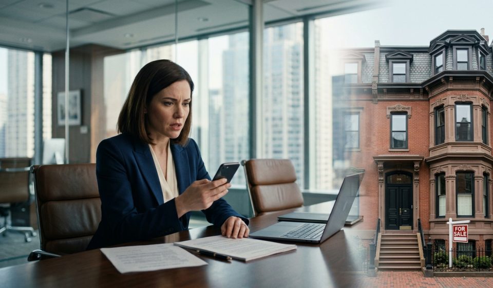 A corporate lawyer looks shocked at a real estate listing on her smartphone during a meeting at a Chicago law firm, with colleagues seated nearby.