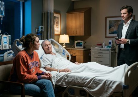 An exhausted daughter sits beside her elderly father's hospice bed as her wealthy brother stands nearby in a charcoal suit, smiling inappropriately.