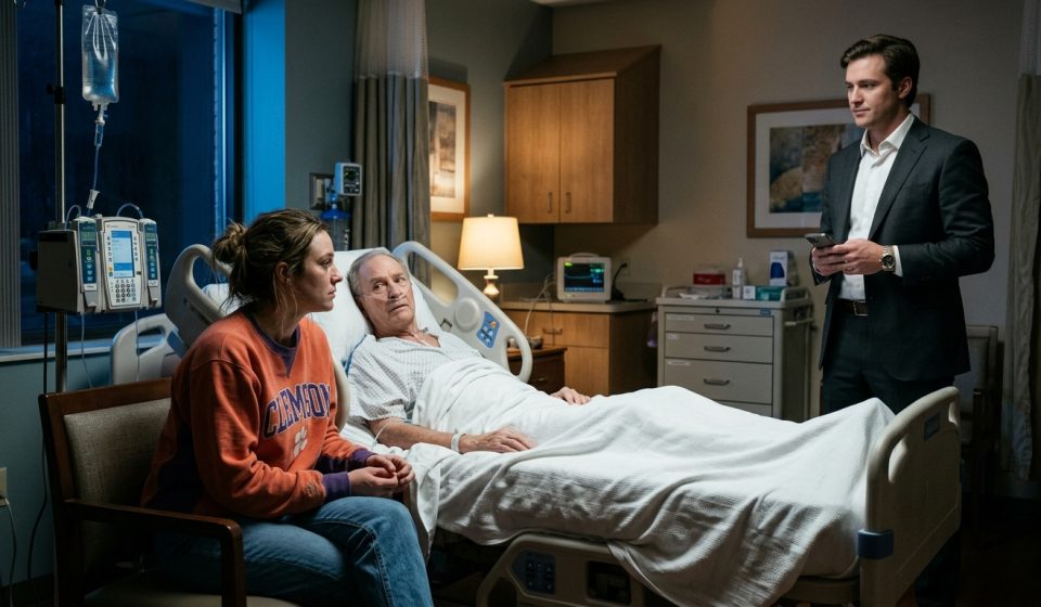 An exhausted daughter sits beside her elderly father's hospice bed as her wealthy brother stands nearby in a charcoal suit, smiling inappropriately.